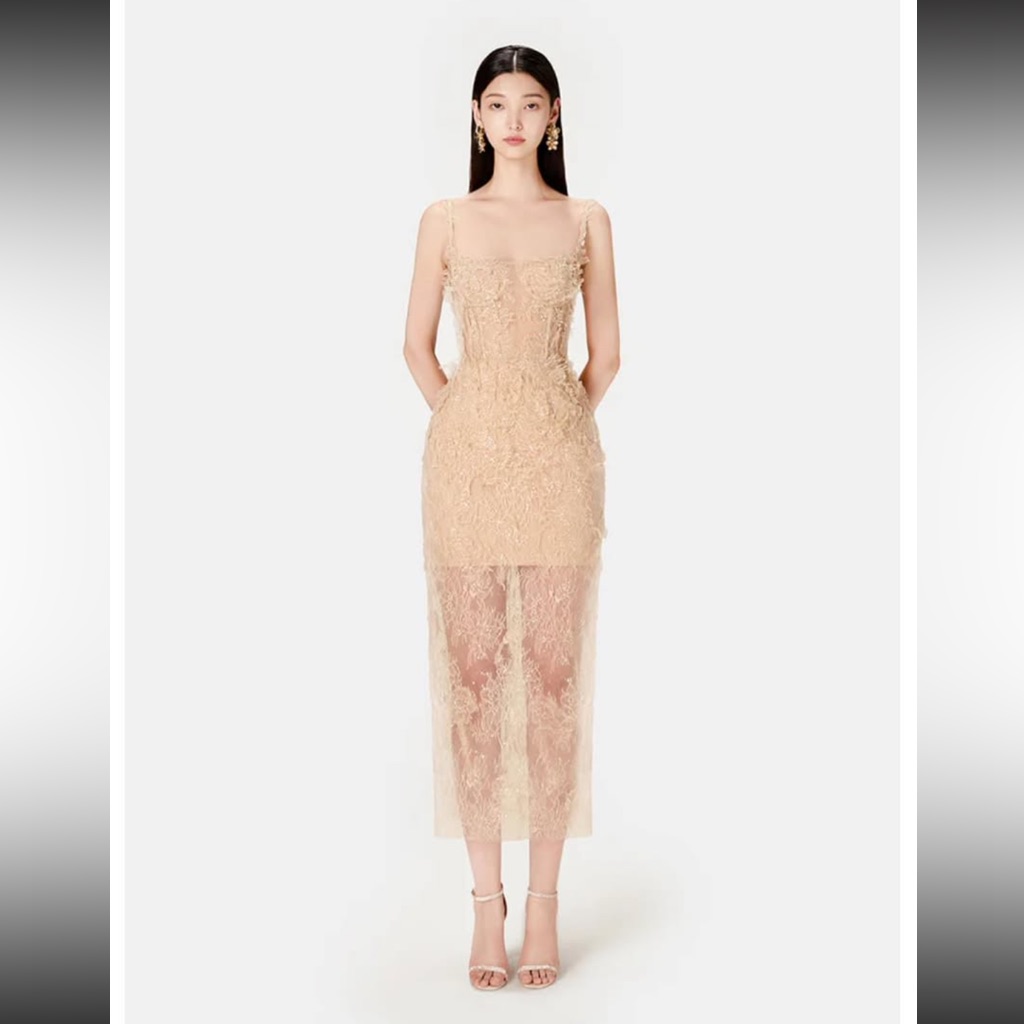 Montsand Ivory Beaded Lace Pencil Midi Dress In Nude
